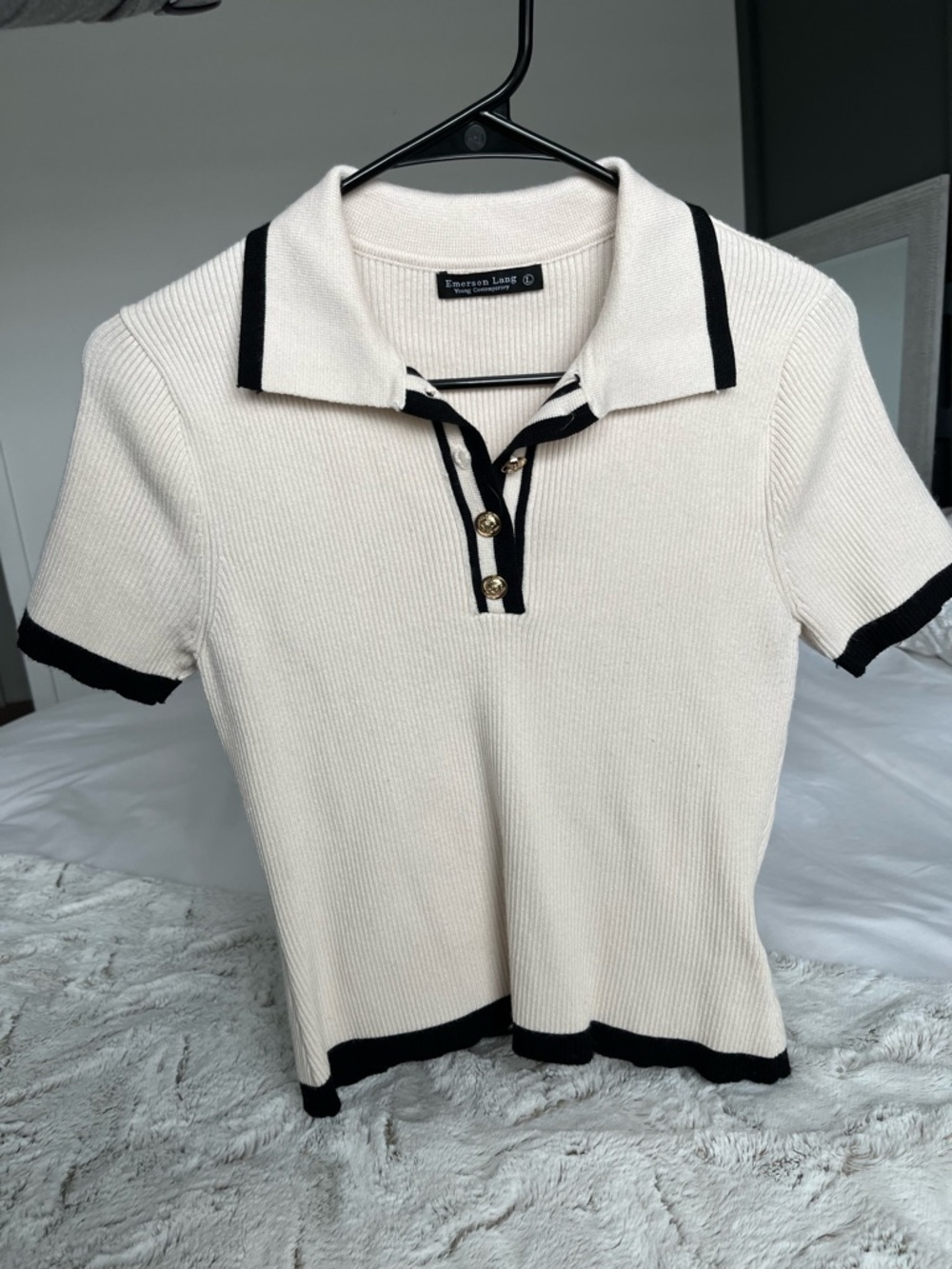 Cream Ribbed Polo Top with Black Trim